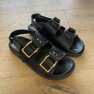 ALOHAS Harper double gold buckle black leather sandals